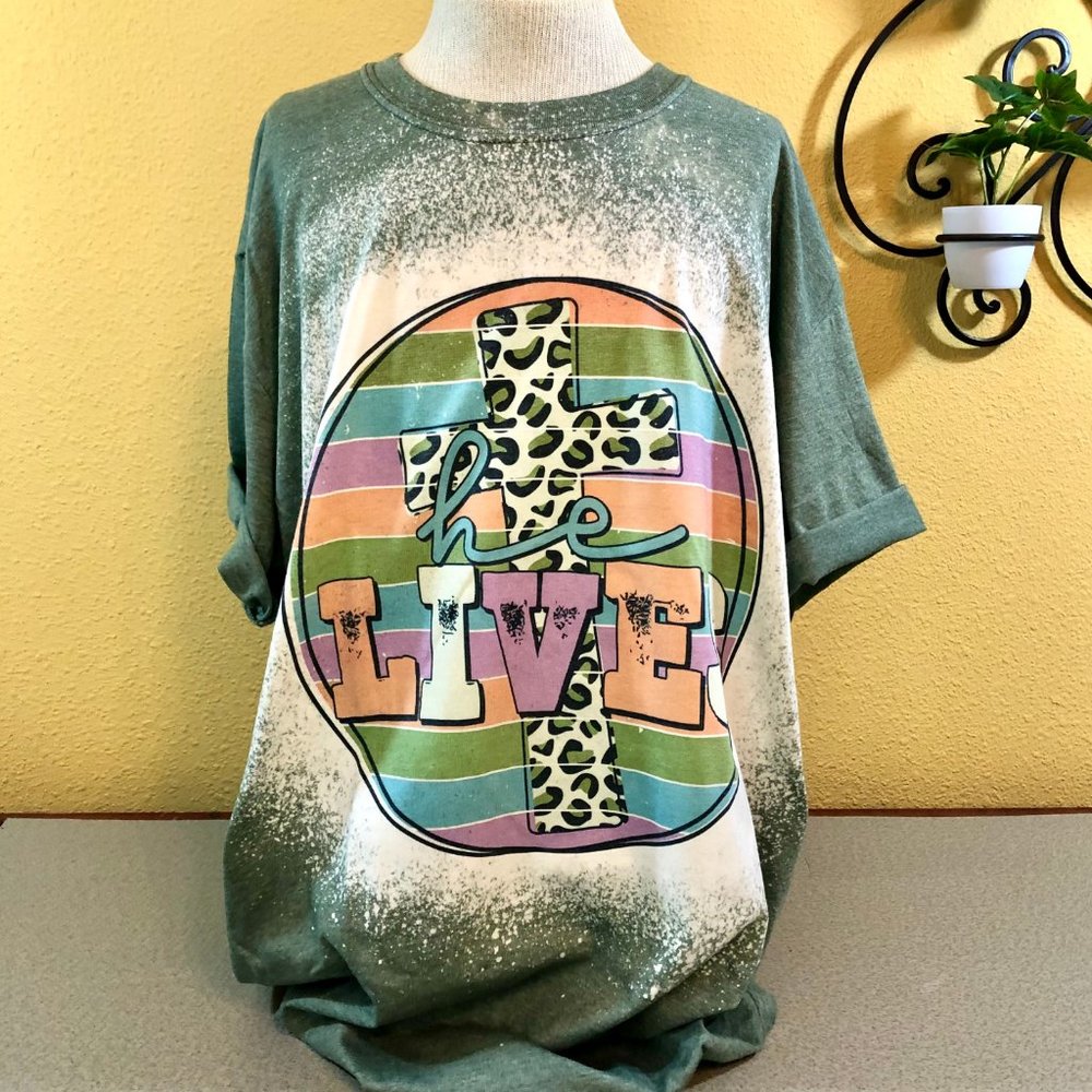 NEW ADULT UNISEX XLARGE Tee "He Lives" Bleached & Sublimated